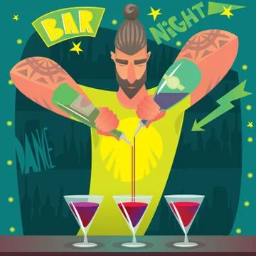 Bartender deftly preparing cocktails Stock Illustration