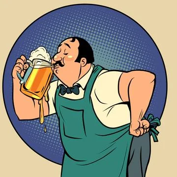 The bartender drinks beer. A man and a soft draught drink. Alcoholic pub Stock Illustration