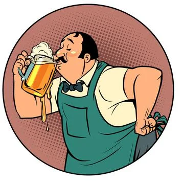 The bartender drinks beer. A man and a soft draught drink. Isolate on a white Stock Illustration