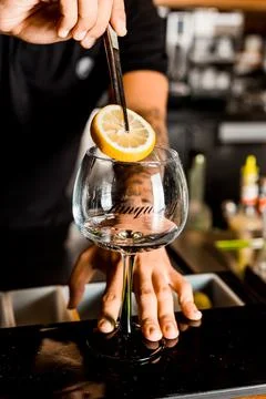 Bartender Hands Making a Perfect Drink on Bar Gin Tonic Negroni Caipirinha Mosco Stock Photos