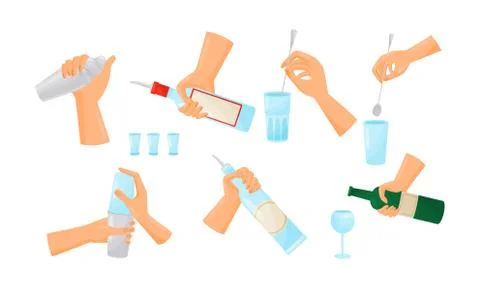 Bartender Hands Pouring and Mixing Cocktails Isolated on White Background Vector Stock Illustration