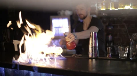 Bartender ignites bar Stock Footage 43736763