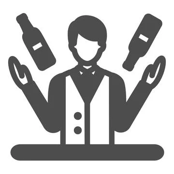 Bartender juggling bottles, barkeeper at work solid icon, bar concept, barman Stock Illustration