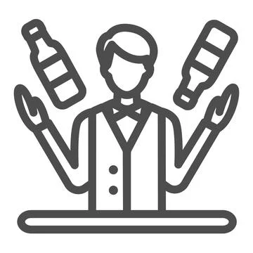 Bartender juggling bottles, barkeeper at work line icon, bar concept, barman Stock Illustration