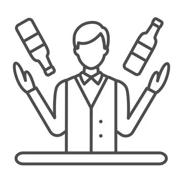 Bartender juggling bottles, barkeeper at work thin line icon, bar concept Stock Illustration