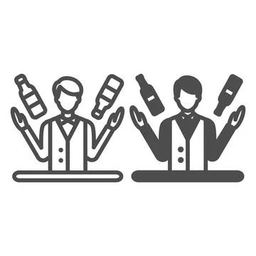 Bartender juggling bottles, barkeeper at work line and solid icon, bar concept Stock Illustration
