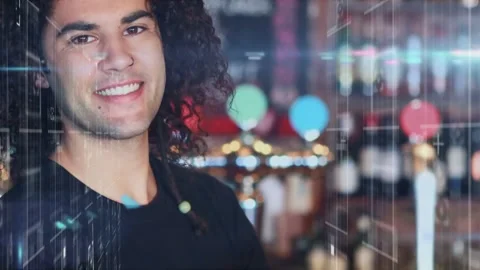Bartender leaning in bar, camera pulling back revealing turning smile, overlays Stock Footage 334312954