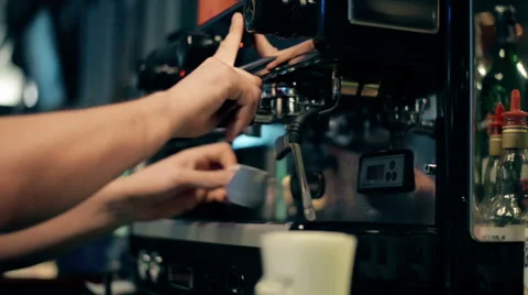 Bartender makes a latte at the coffee machine Stock Footage 61794929