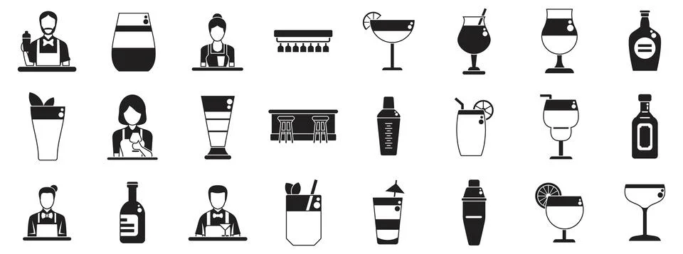 Bartender making cocktail icons set. Bar counter with bartenders mixing drink Stock Illustration