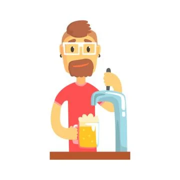 Bartender man character standing at the bar counter pouring beer, barman at work Stock Illustration