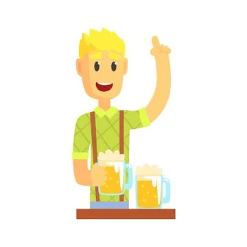 Bartender man character standing at the bar counter with index finger up gesture Stock Illustration
