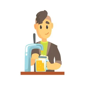 Bartender man character standing at the bar counter pouring beer, barman at work Stock Illustration