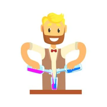 Bartender man character standing at the bar counter mixing cocktail, barman at Stock Illustration