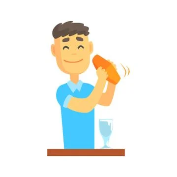 Bartender man character standing at the bar counter shaking cocktail, barman at Stock Illustration