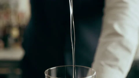 Bartender mixologist garnishing and serving a Martini cocktail in a beautiful mo Stock Footage 199457835