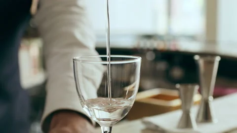 Bartender mixologist making and pouring a Martini cocktail in a beautiful modern Stock Footage 199462834
