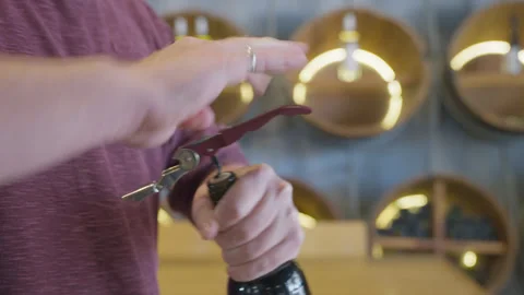 Bartender opening a bottle of wine Видео 346174190