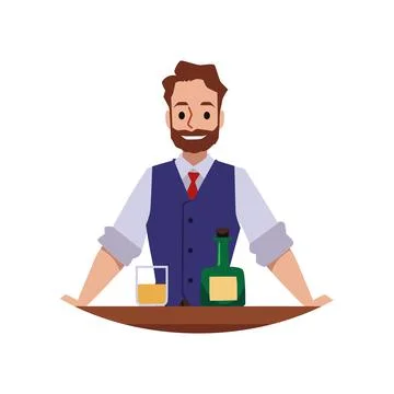 Bartender or barkeeper behind bar counter, flat vector illustration isolated. Stock Illustration