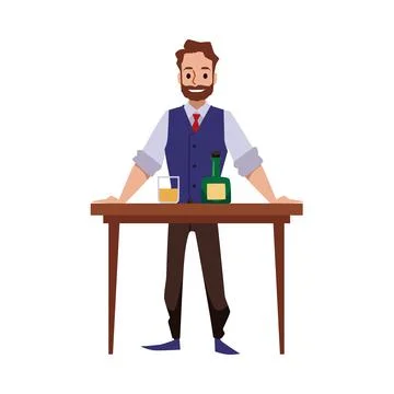 Bartender or barman smiling bearded man flat vector illustration isolated. Stock Illustration
