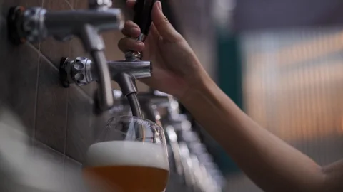 Bartender poured cold draft beer from tab into glass, selective focus Video stock 121617785