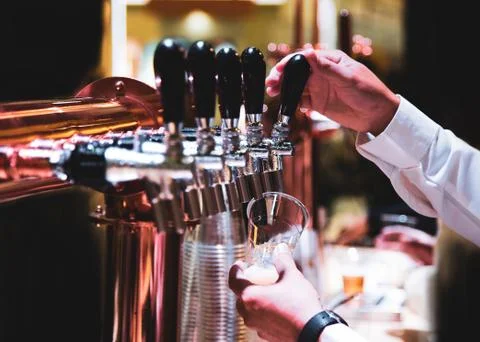 Bartender pouring draft beer in the bar, Barman hand at beer tap pouring drau Stock Photos