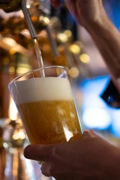 Bartender pouring fresh draft beer into glass from tap at bar with soft lighting Stock Photos
