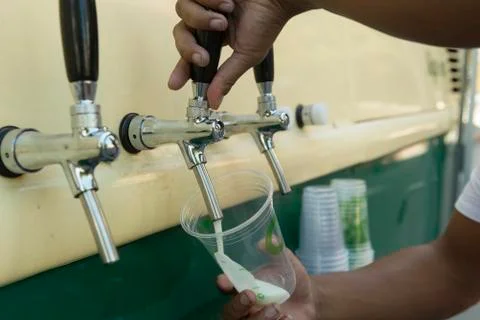 Bartender pouring from tap fresh beer into the plastic cup. Stock Photos