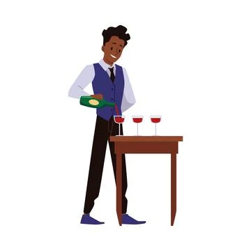 Bartender pouring wine into glasses, flat vector illustration isolated. Stock Illustration