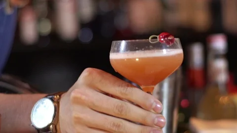 Bartender prepare alcoholic coctail in modern bar Stock Footage 96240201