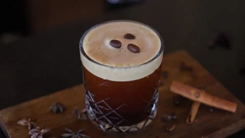Bartender Prepares Craft Cocktail Coffee Beans Espresso Martini Whiskey Glass Stock Footage 288038696
