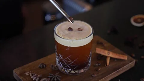 Bartender Prepares Craft Cocktail Coffee Beans Espresso Martini Whiskey Glass Stock Footage 288038697