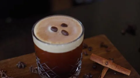 Bartender Prepares Craft Cocktail Coffee Beans Espresso Martini Whiskey Glass Stock Footage 288038706