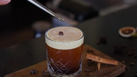 Bartender Prepares Craft Cocktail Coffee Beans Espresso Martini Whiskey Glass Stock Footage 288038707