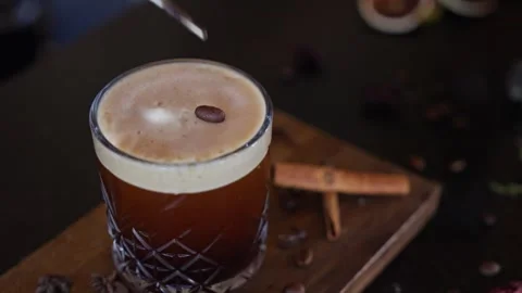 Bartender Prepares Craft Cocktail Coffee Beans Espresso Martini Whiskey Glass Stock Footage 288038709