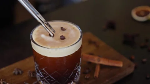 Bartender Prepares Craft Cocktail Coffee Beans Espresso Martini Whiskey Glass Stock Footage 288038712