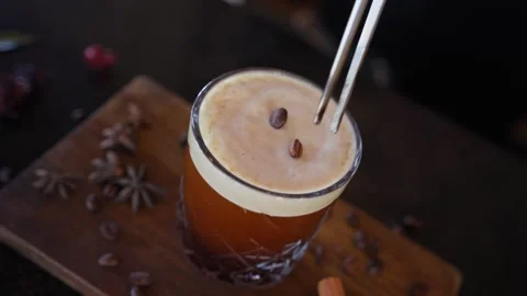 Bartender Prepares Craft Cocktail Coffee Beans Espresso Martini Whiskey Glass Stock Footage 288038713