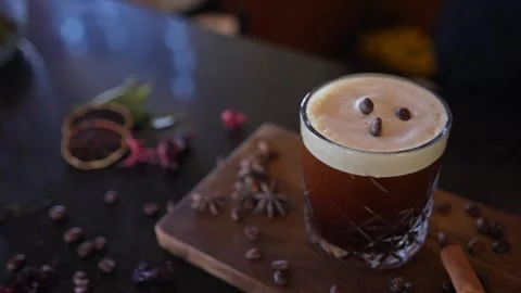 Bartender Prepares Craft Cocktail Coffee Beans Espresso Martini Whiskey Glass Stock Footage 288038714