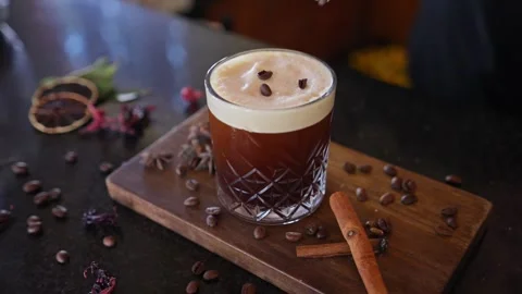 Bartender Prepares Craft Cocktail Coffee Beans Espresso Martini Whiskey Glass Stock Footage 288038718