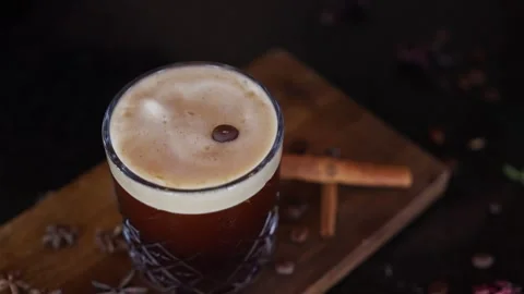 Bartender Prepares Craft Cocktail Coffee Beans Espresso Martini Whiskey Glass Stock Footage 288038719