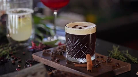Bartender Prepares Craft Cocktail Coffee Beans Espresso Martini Whiskey Glass Stock Footage 288038725
