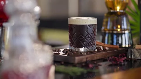 Bartender Prepares Craft Cocktail Coffee Beans Espresso Martini Whiskey Glass Stock Footage 288038726