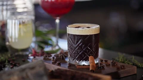 Bartender Prepares Craft Cocktail Coffee Beans Espresso Martini Whiskey Glass Stock Footage 288038728