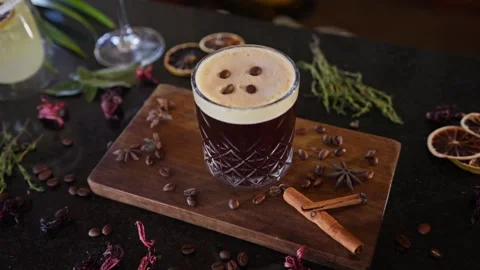 Bartender Prepares Craft Cocktail Coffee Beans Espresso Martini Whiskey Glass Stock Footage 288038731