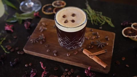 Bartender Prepares Craft Cocktail Coffee Beans Espresso Martini Whiskey Glass Stock Footage 288038732
