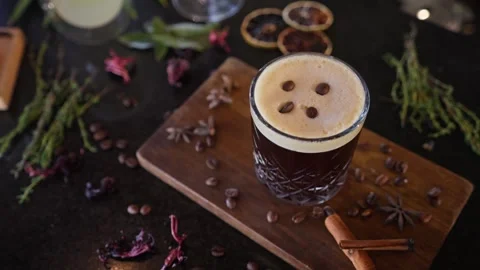 Bartender Prepares Craft Cocktail Coffee Beans Espresso Martini Whiskey Glass Stock Footage 288038736