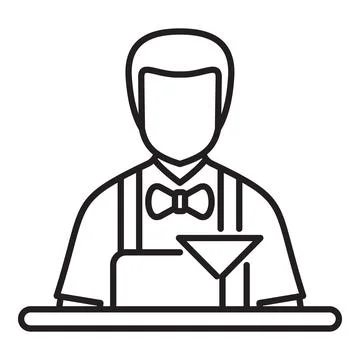 Bartender preparing cocktail behind bar counter line art icon Stock Illustration
