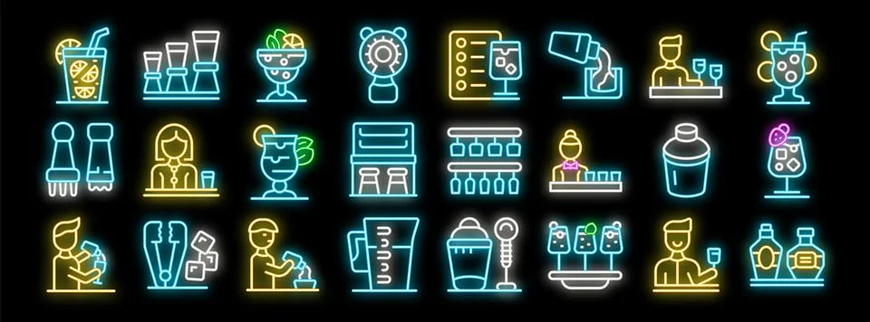 Bartender preparing cocktails and serving drinks in neon style Stock Illustration