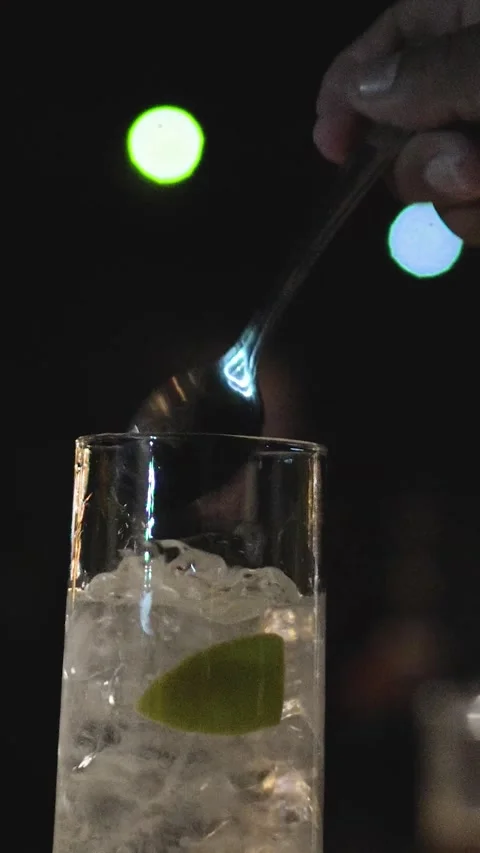 Bartender preparing vodka during party in the bar. Stir ice and lemon into the Видео 344986551