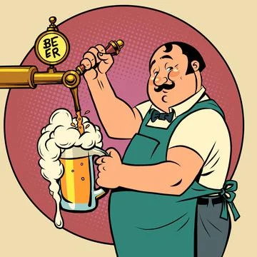The bartender in the pub is pouring draft beer. Alcoholic beverage, beer Stock Illustration