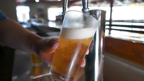 Bartender pulls a perfect pint from a stainless tap, frothy beer fills Stock Footage 229291314